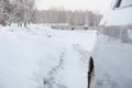 Car on a winter road. Snowy road