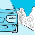 Car in winter on smooth road, illustration