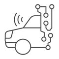 Car with wireless sensor circuit thin line icon, neural network concept. Vector graphics. Automobile with data