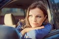 Car woman on road trip looking out of window. Having rest on sun Royalty Free Stock Photo