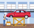 Car workshop scenery with lifted car and mechanic supervising