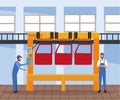 Car workshop scenery with machine with car doors and mechanics supervising