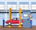 Car workshop scenery with man painting red a lifted car and mechanic supervising