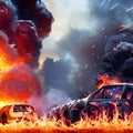 Car wreckage and fire Royalty Free Stock Photo