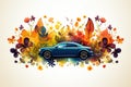 A car with yellow autumn vegetation on a white background, the concept of environmentally friendly car fuel.