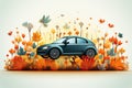A car with yellow autumn vegetation on a white background, the concept of environmentally friendly car fuel.