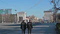 Carabineer patrol on Stefan the Great avenue, near the Government House in Chisinau, Moldova, during state of emergency