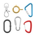 Carabiner clasps various round  oval  triangle design realistic set. Bracelet  pendant  necklace locks Royalty Free Stock Photo