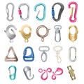 Carabiner clasps vector illustrations metal colored hooks, clips, snap and claws icon set isolated on white background