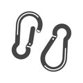 Carabiner or karabiner bold black silhouette icon isolated on white. Pair of shackle.