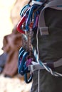 Carabiners, rock climbing gear and harness for safety in adventure sport equipment and exercise in mountain. Fitness Royalty Free Stock Photo
