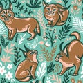 Caracal Kitten seamless pattern in the floral background