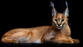A caracal, a medium-sized wild cat with distinctive long, tufted ears, lies down against a black background Royalty Free Stock Photo