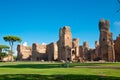 Caracalla springs ruins view from ground with big blue sky at Rome