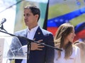 Opposition leader Juan Guaido Venezuela interim president and wife Fabiana Rosales listening to the national anthem