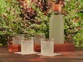 A carafe and four glasses of Elderflower cordial