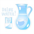 Carafe and a glass of water.drink more water. graphic design concept of the benefits of drinking water, reasons to drink water Royalty Free Stock Photo