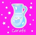 A carafe or jug for water and milk on a pink background. Children`s card.