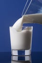 carafe of milk pouring into a glass to the brim and isolated on blue background Royalty Free Stock Photo