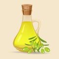 Carafe with olive oil, isolated on white background. Glass jug with oil and olives with leaves on a branch. Vector