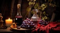 Carafe of red wine and ripe grapes on table in vineyard. Generative AI