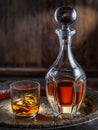 Carafe of whisky and glass of whisky on old wooden cask at the dark background Royalty Free Stock Photo