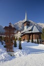 Caraiman church in winter landscape.