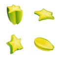 Carambola icons set cartoon vector. Fresh exotic starfruit