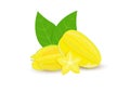 Carambola isolated on a white background. Set realistic fruits. Macro icon juicy starfruit and slice. Exotic sweet fruit averrhoa