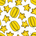 Carambola seamless doodle pattern, vector illustration