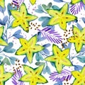 carambola seamless pattern. Hand drawn fresh tropical plant waterecolor illustration.