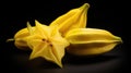 Carambola star fruit on black background. Exotic yellow fruit. The fruit of carambola tree. Species of the genus