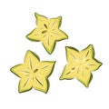 Carambola, star fruit. Slice, leaf. Colorful sketch collection of tropical fruits isolated on white background. Doodle hand drawn Royalty Free Stock Photo