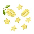 Carambola, star fruit. Whole, slice, leaf. Colorful sketch collection of tropical fruits isolated on white background Royalty Free Stock Photo