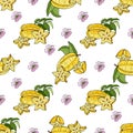 Carambola or Starfruit.Seamless pattern with yellow tropical fruits,pieces and pink flowers on white background