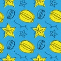 Carambola yellow fruit vector seamless pattern on blue background. One continuous line art drawing design of carambola