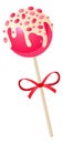 Caramel apple on stick. Cartoon candy with red ribbon bow