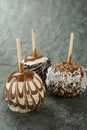 Three gourmet carmel apples on gray slate Royalty Free Stock Photo