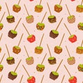 Caramel apples seamless pattern, various toffee apples-on-a-stick with various topping with caramel dipping, hand drawn