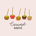 Caramel apples set, various taffy or toffee apples-on-a-stick decorated with various topping with caramel or red dipping