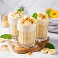 Caramel banana smoothie with coconut chips