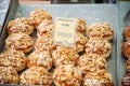 Caramel berliners, German doughnuts, on display at Broadway Market in Hackney, East London