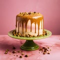 Caramel cake with pistachios and nuts on a pink background