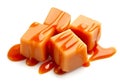 Caramel candies and caramel topping isolated .