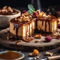 caramel cheesecake with berries and nuts. generative AI