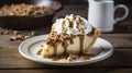 Caramel cheesecake with caramel sauce and nuts on a wooden background Generative AI