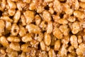 Caramel and chocolate puffed rice background. Rice krispies bar, copy space.