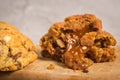 Caramel cookies. Homemade cookies filled with caramel. They are cut in half to see the inside stuffed