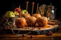 caramel covered apples arranged on a wooden tray