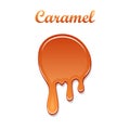 Caramel drop 3D. Realistic caramel, melted sauce. Flow liquid isolated on white background. Orange splash toffee candy